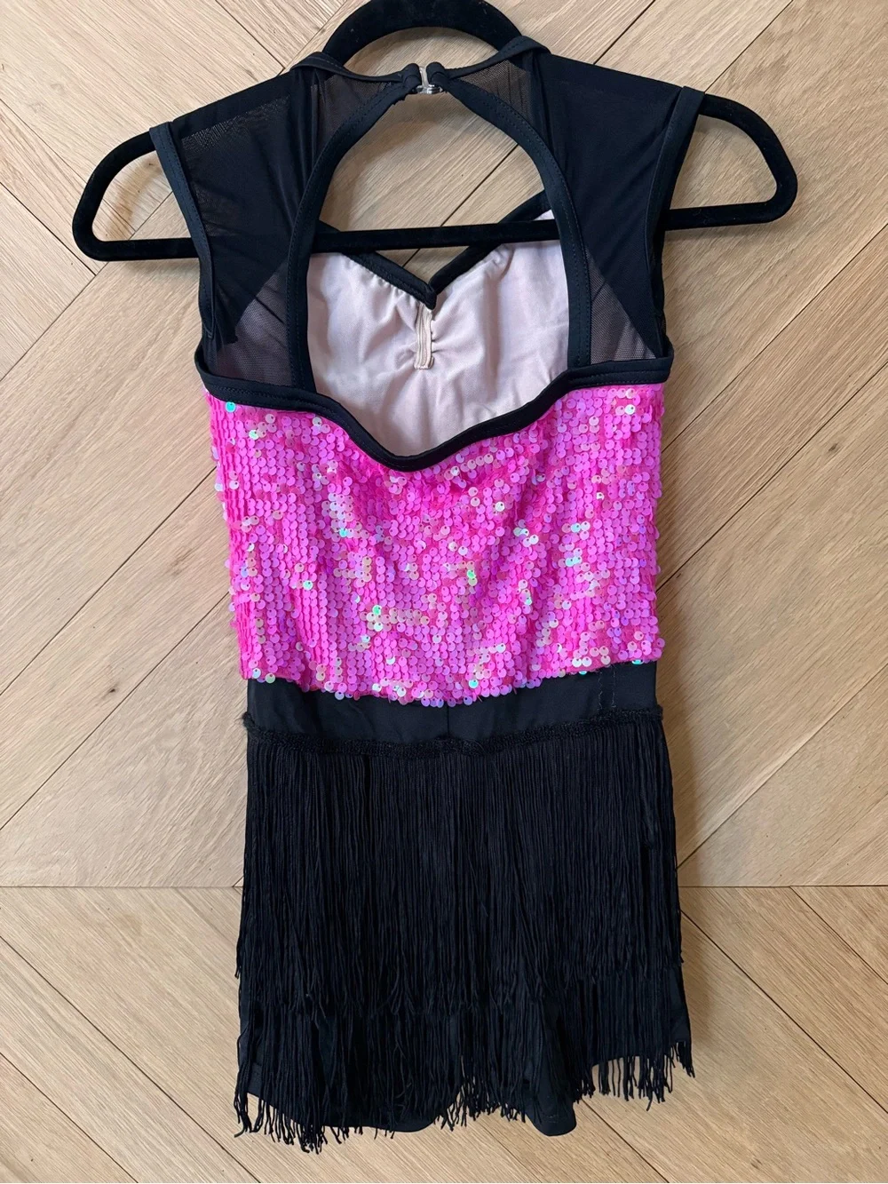 Weissman Hot Pink Sequin Dance Costume with Black Fringe